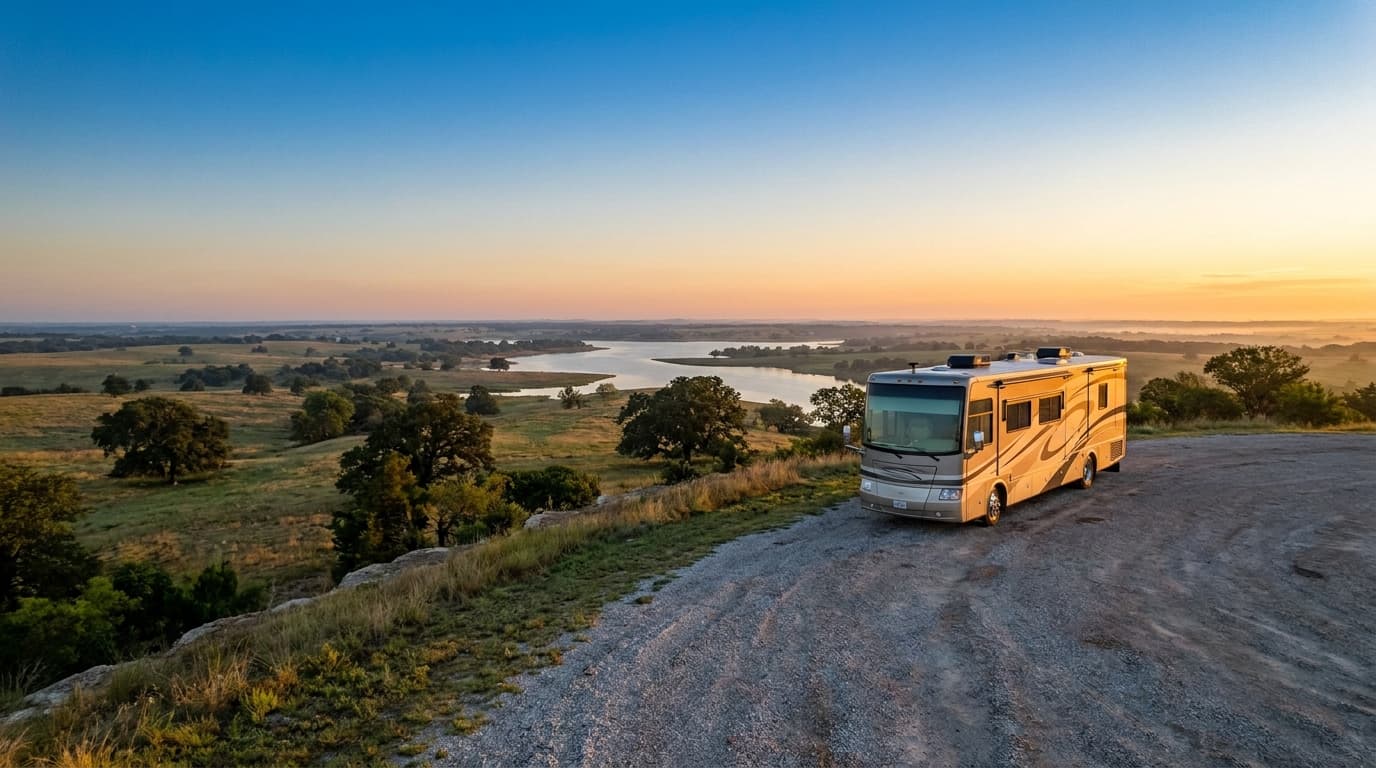 A motorhome at a scenic overlook near Mesquite, Texas with Black Beard nearby at dawn