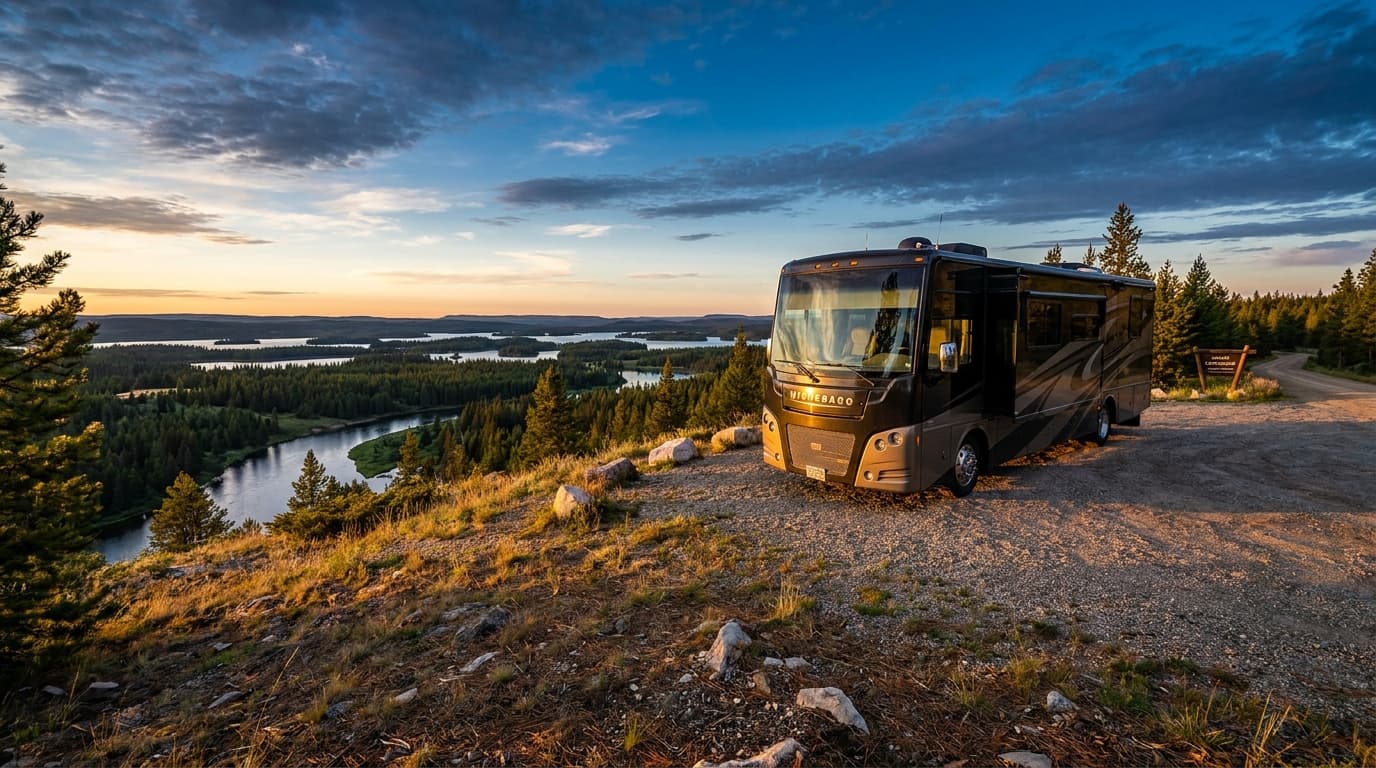 A motorhome at a scenic overlook near Minneapolis, Minnesota with Shaver Campground nearby at dawn