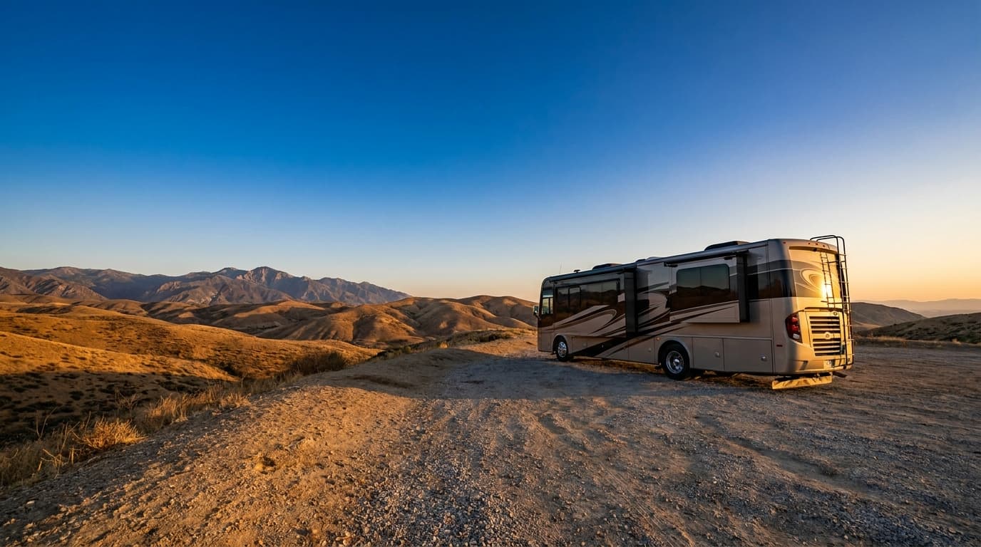 A motorhome at a scenic overlook near Moreno Valley, California with Horse Camp nearby at dawn