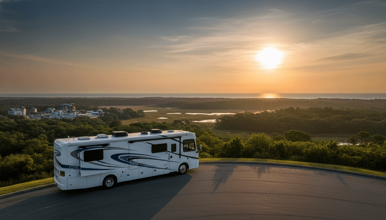 A motorhome at a scenic overlook near Myrtle Beach, South Carolina with Pirateland Family Campground nearby at dawn
