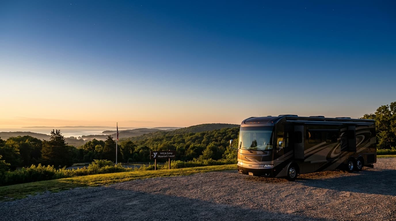 A motorhome at a scenic overlook near New Haven, Connecticut with YMCA Camp Mountain Laurel nearby at dawn