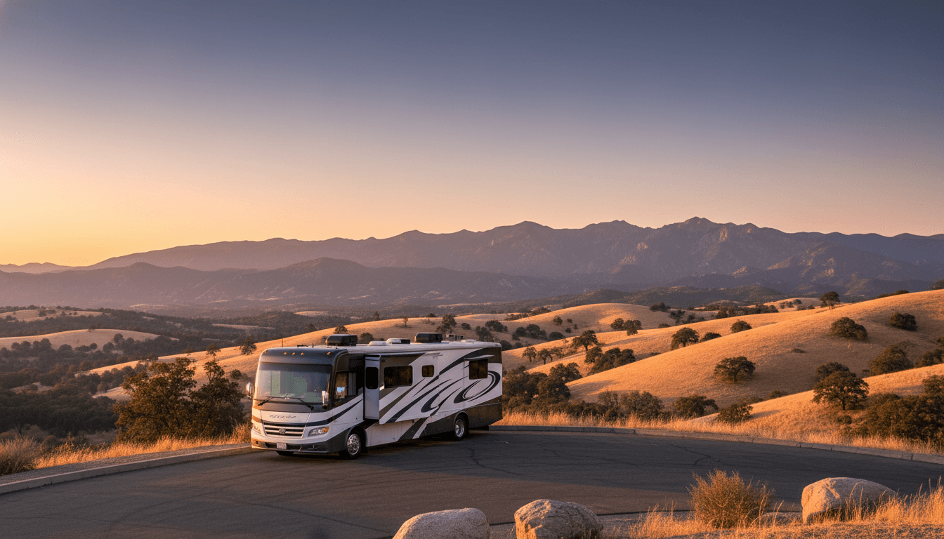 A motorhome at a scenic overlook near Oakhurst, California with Sierra Meadows nearby at dawn