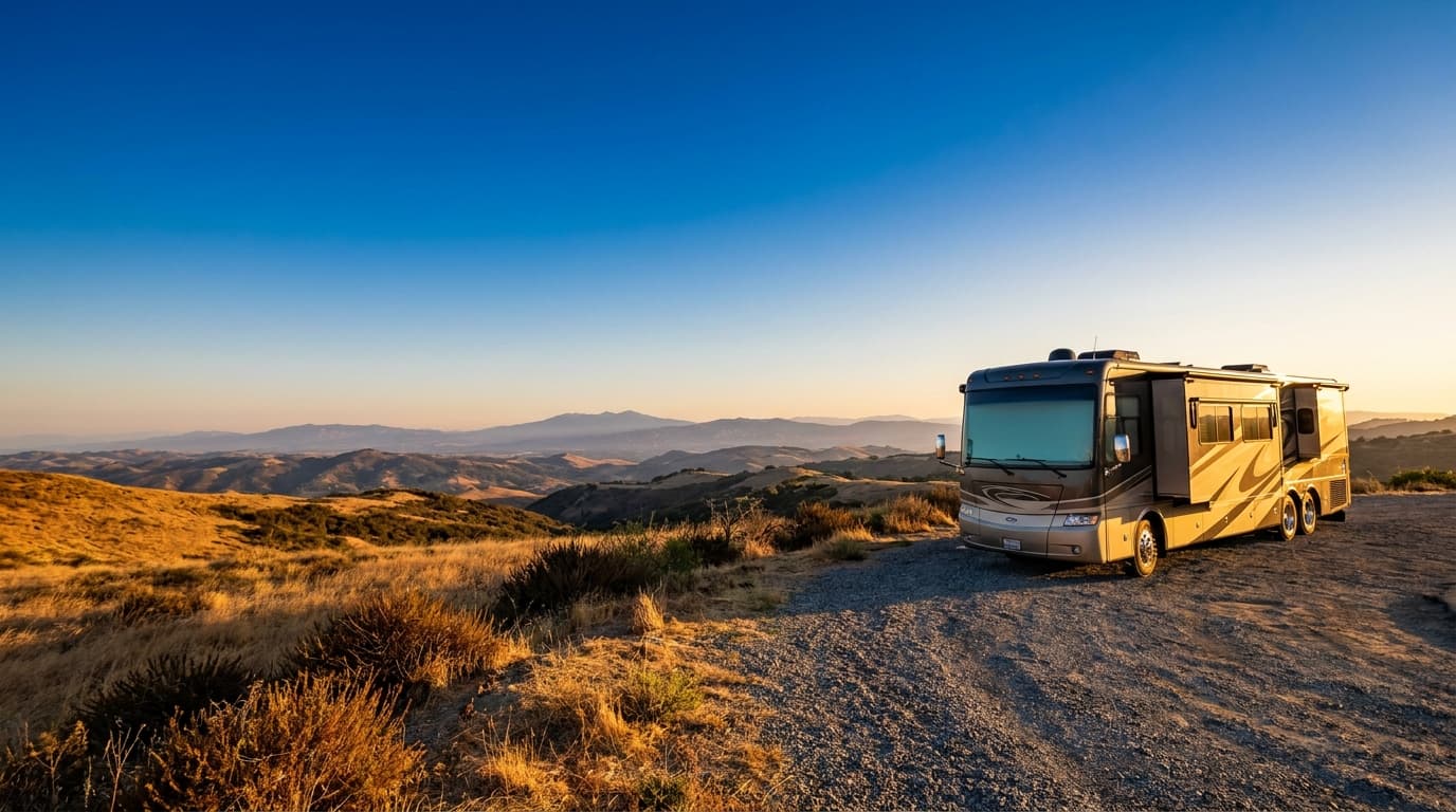 A motorhome at a scenic overlook near Oakland, California with Sibley Back Pack Camp nearby at dawn