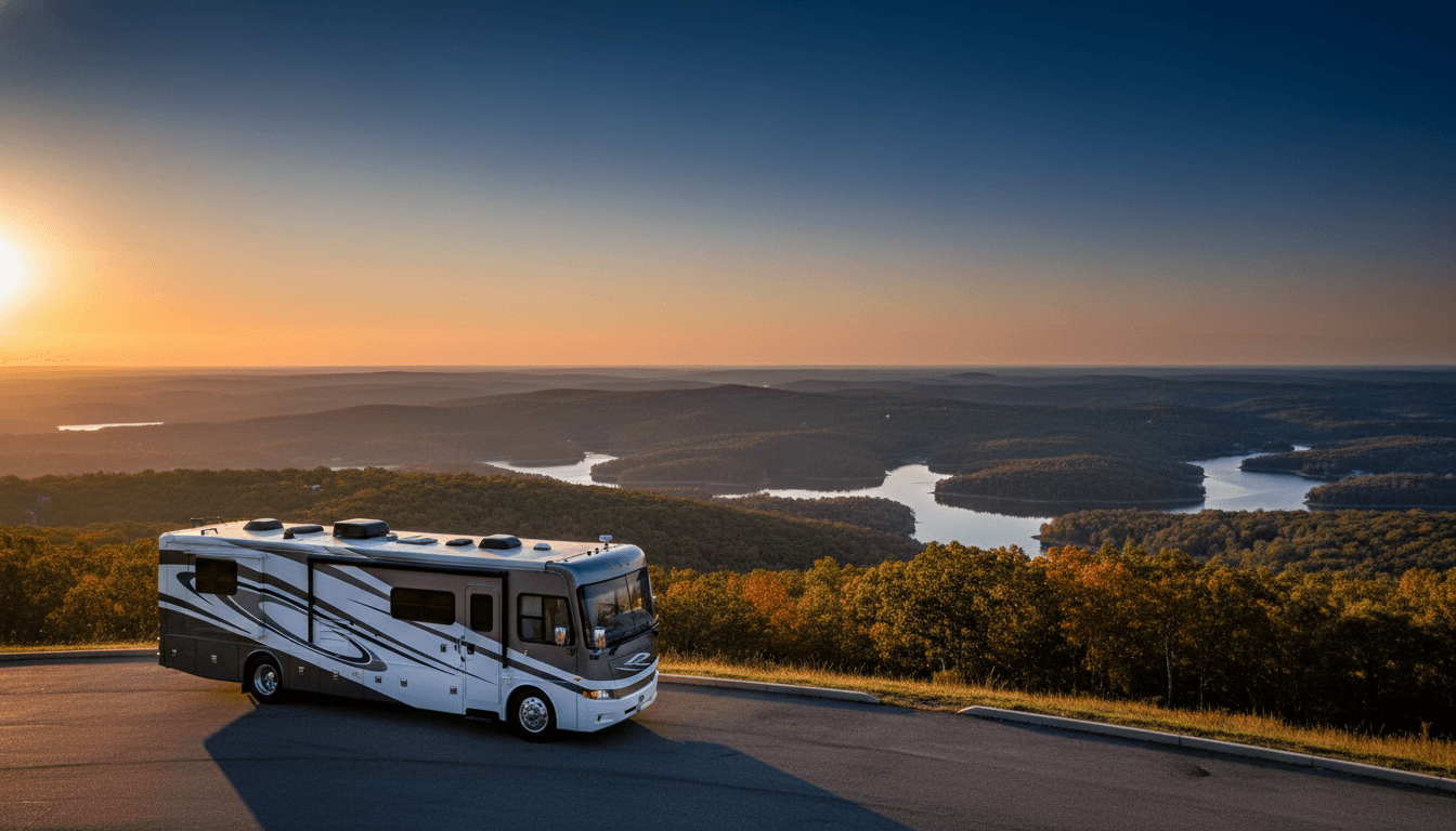 A motorhome at a scenic overlook near Osage Beach, Missouri with Backpack Camp nearby at dawn