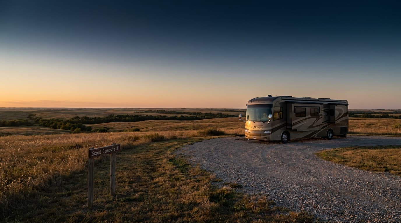 A motorhome at a scenic overlook near Overland Park, Kansas with Scout Campsite #1 nearby at dawn