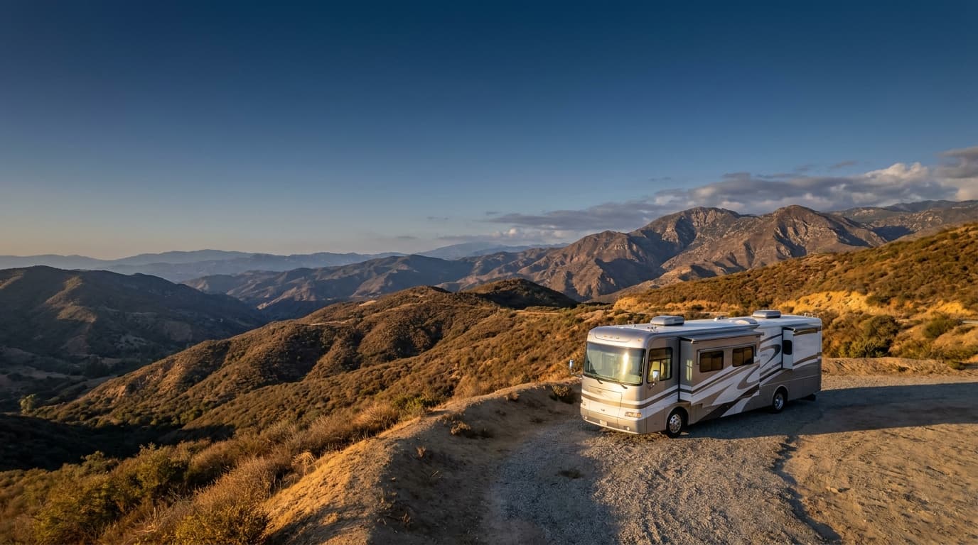 A motorhome at a scenic overlook near Oxnard, California with La Jolla Valley Trail Camps nearby at dawn