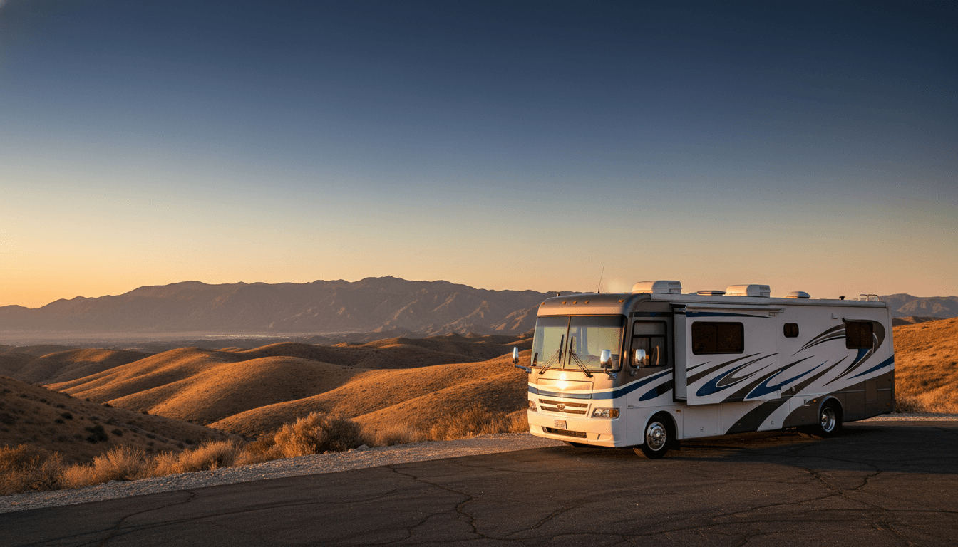 A motorhome at a scenic overlook near Palm Springs, California with David Neel nearby at dawn