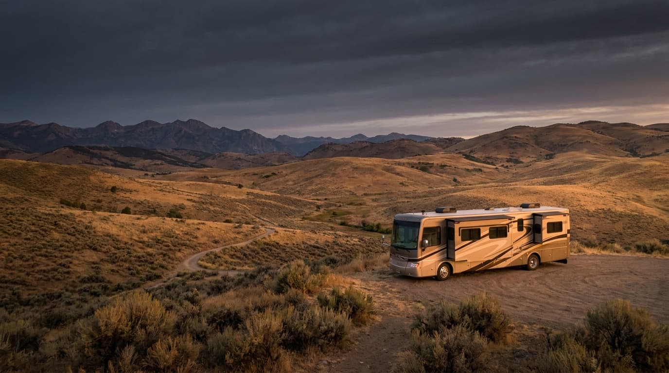 A motorhome at a scenic overlook near Palmdale, California with Big Buck Trail Camp nearby at dawn