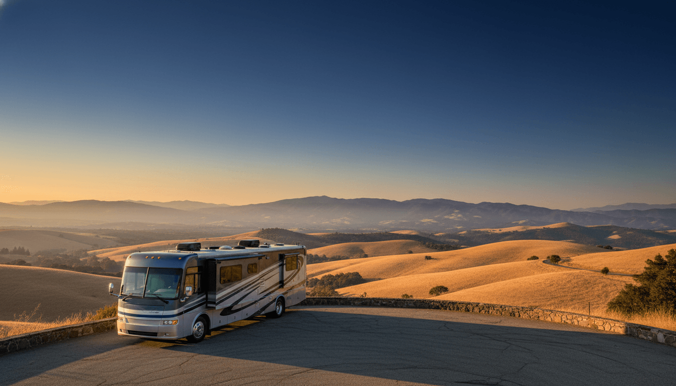 A motorhome at a scenic overlook near Petaluma, California with Camp Via (Sonoma Developmental Center) nearby at dawn