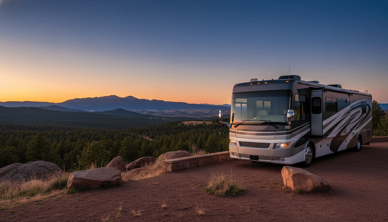 A motorhome at a scenic overlook near Peyton, Colorado with Santa Fe nearby at dawn