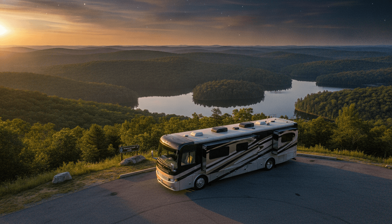 A motorhome at a scenic overlook near Pikeville, Tennessee with Backcountry Camp 3 nearby at dawn