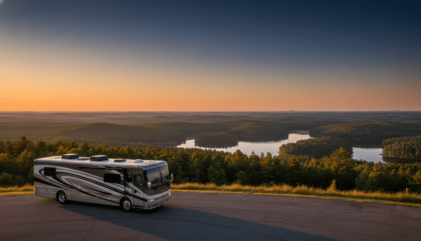 A motorhome at a scenic overlook near Pittsboro, North Carolina with Camp Royall nearby at dawn