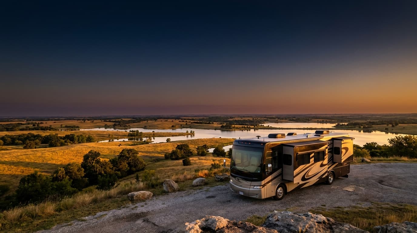A motorhome at a scenic overlook near Plano, Texas with Sandy Lake RV Resort nearby at dawn
