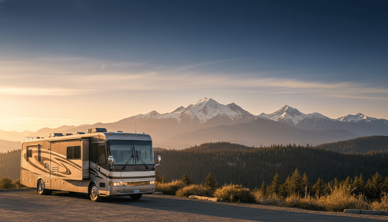 A motorhome at a scenic overlook near Port Angeles, Washington with Heart O' The Hills Campground nearby at dawn