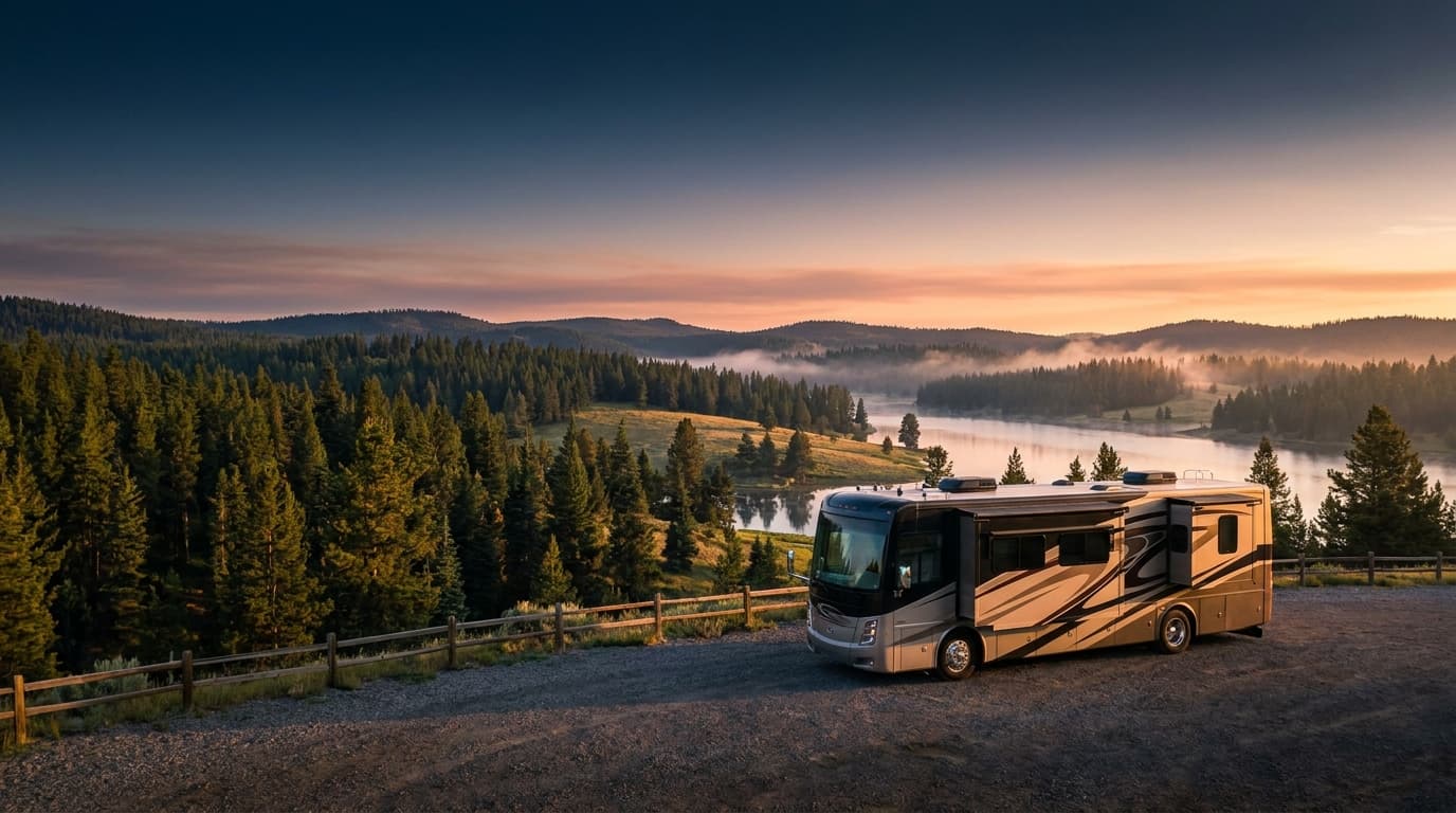 A motorhome at a scenic overlook near Raleigh, North Carolina with Durant Nature Park nearby at dawn