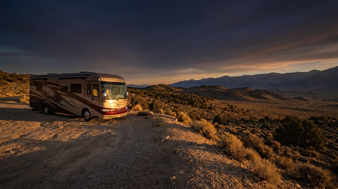 A motorhome at a scenic overlook near Reno, Nevada with Dog Valley Campground nearby at dawn