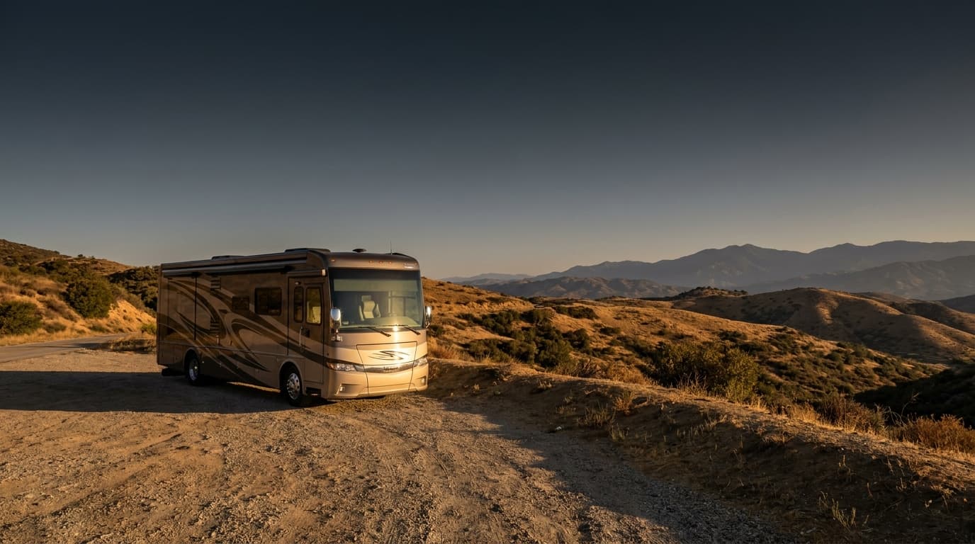 A motorhome at a scenic overlook near Riverside, California with Horse Camp nearby at dawn