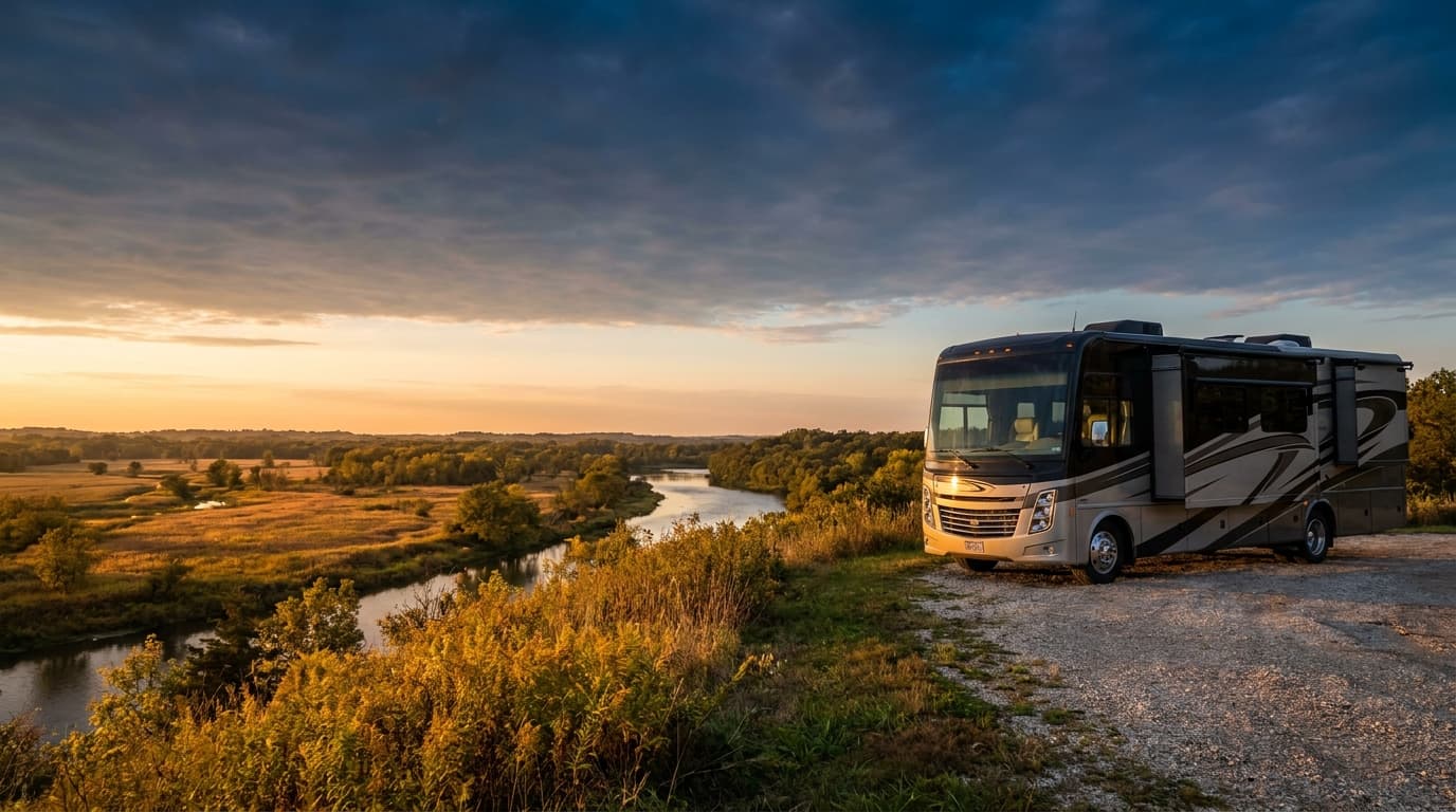 A motorhome at a scenic overlook near Rockford, Illinois with Blackhawk Valley Campground nearby at dawn