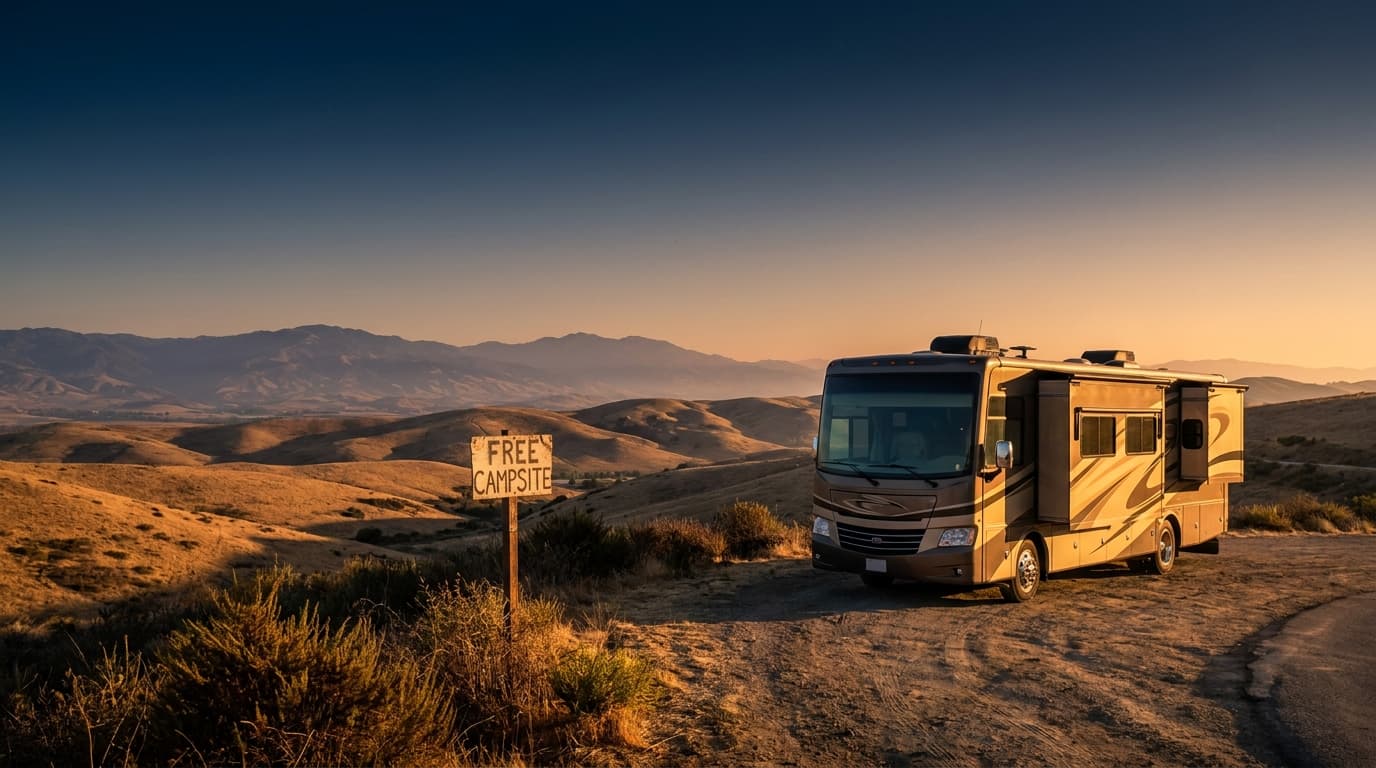 A motorhome at a scenic overlook near Salinas, California with Free Campsite. Sunset-Sunrise nearby at dawn