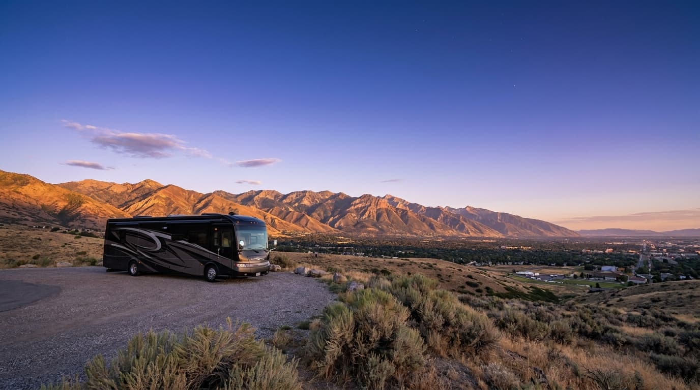 A motorhome at a scenic overlook near Salt Lake City, Utah with Camp Kostopulos nearby at dawn
