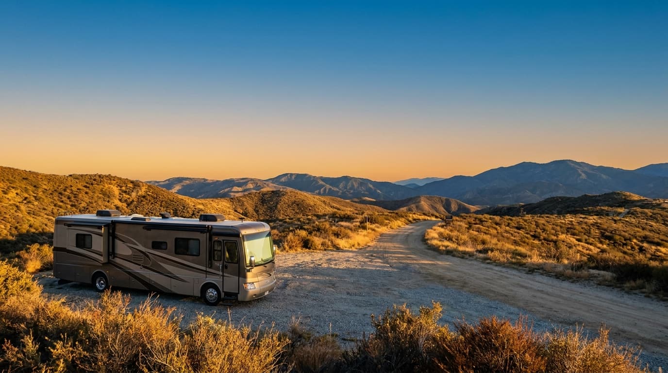 A motorhome at a scenic overlook near San Bernardino, California with Dogwood Family Campground nearby at dawn