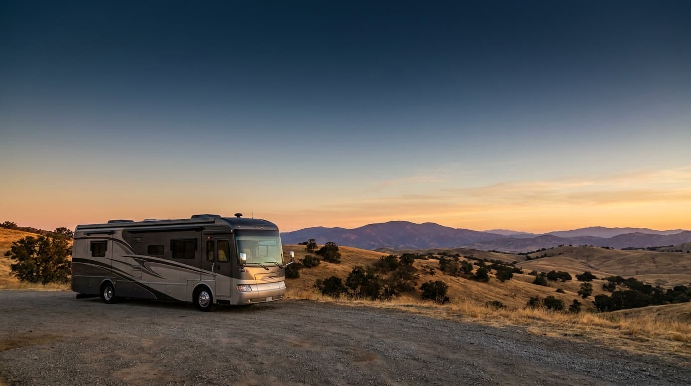 A motorhome at a scenic overlook near Santa Ana, California with The Irvine Ranch Outdoor Education Center nearby at dawn