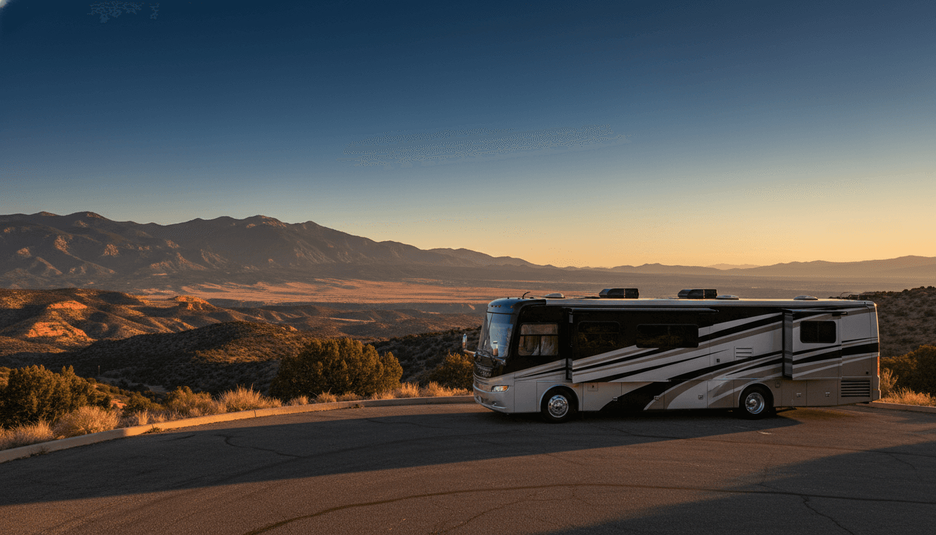 A motorhome at a scenic overlook near Santa Fe, New Mexico with Black Canyon Campground nearby at dawn
