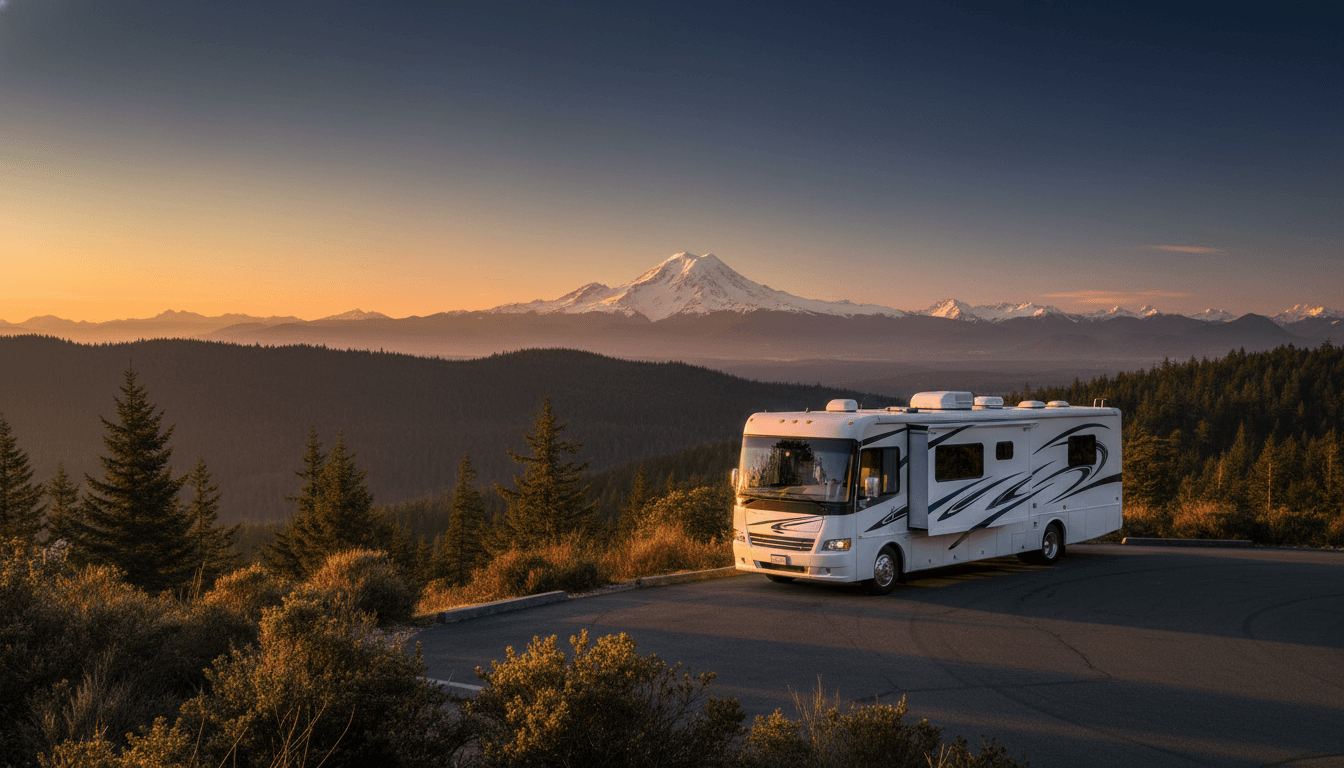 A motorhome at a scenic overlook near Sequim, Washington with Camp Tapawingo nearby at dawn