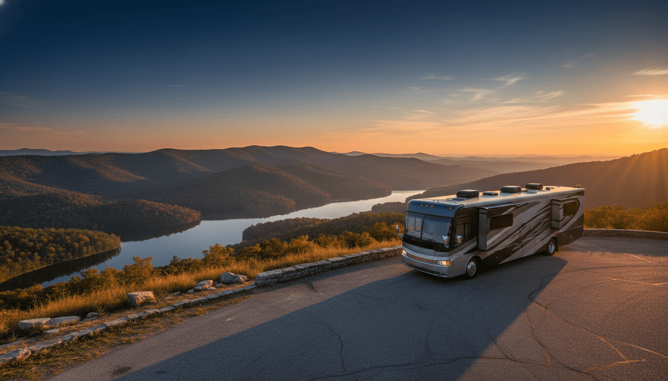 A motorhome at a scenic overlook near Sevierville, Tennessee with Pigeon Forge Landing RV Resort nearby at dawn