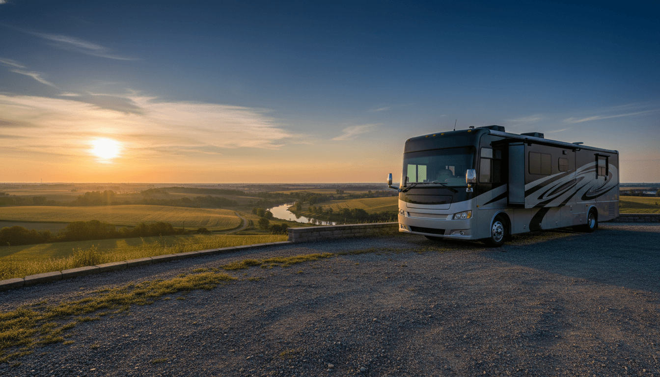 A motorhome at a scenic overlook near Spirit Lake, Iowa with Lutheran Lakeside nearby at dawn