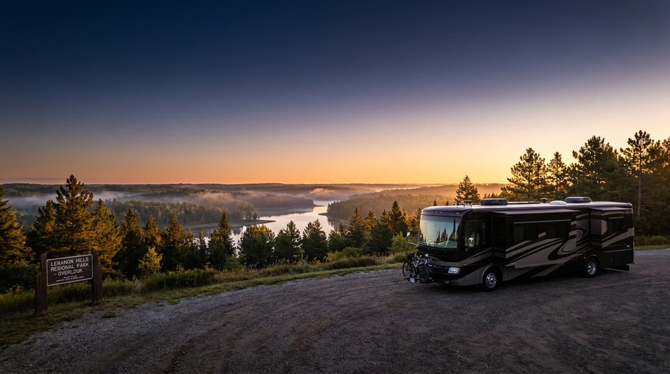 A motorhome at a scenic overlook near St. Paul, Minnesota with Lebanon Hills Campground nearby at dawn