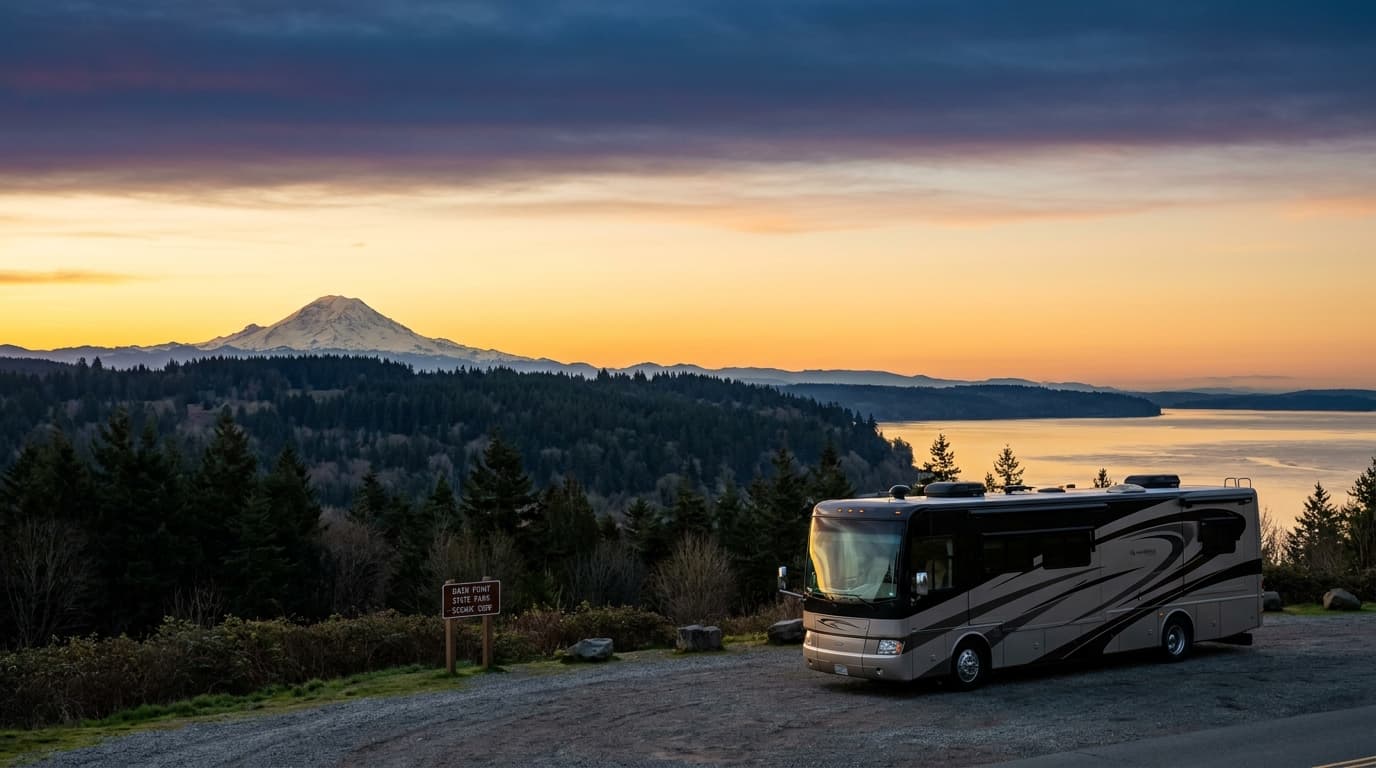 A motorhome at a scenic overlook near Tacoma, Washington with Dash Point Campground nearby at dawn