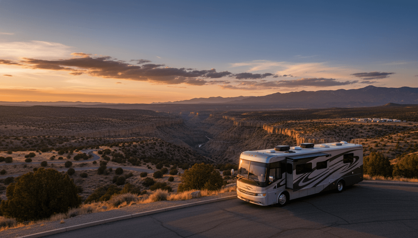 A motorhome at a scenic overlook near Taos, New Mexico with Las Petacas Campground nearby at dawn