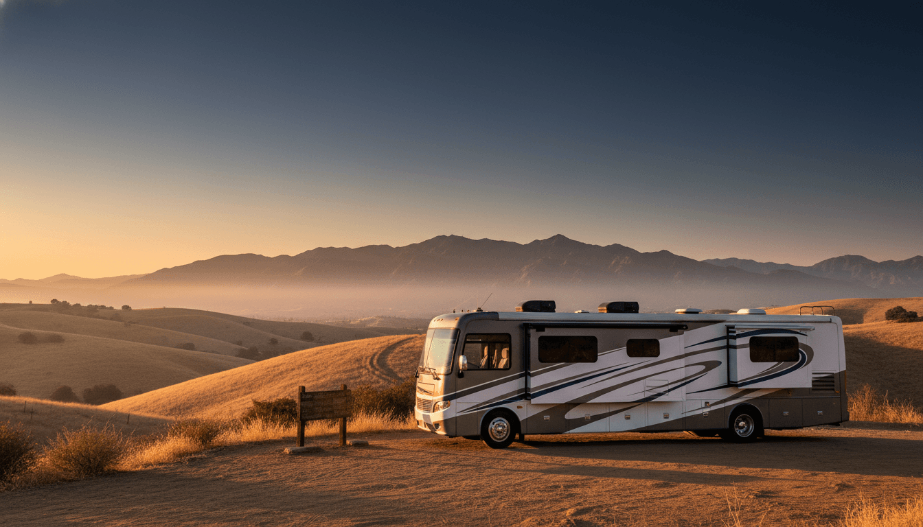 A motorhome at a scenic overlook near Temecula, California with Campground B nearby at dawn