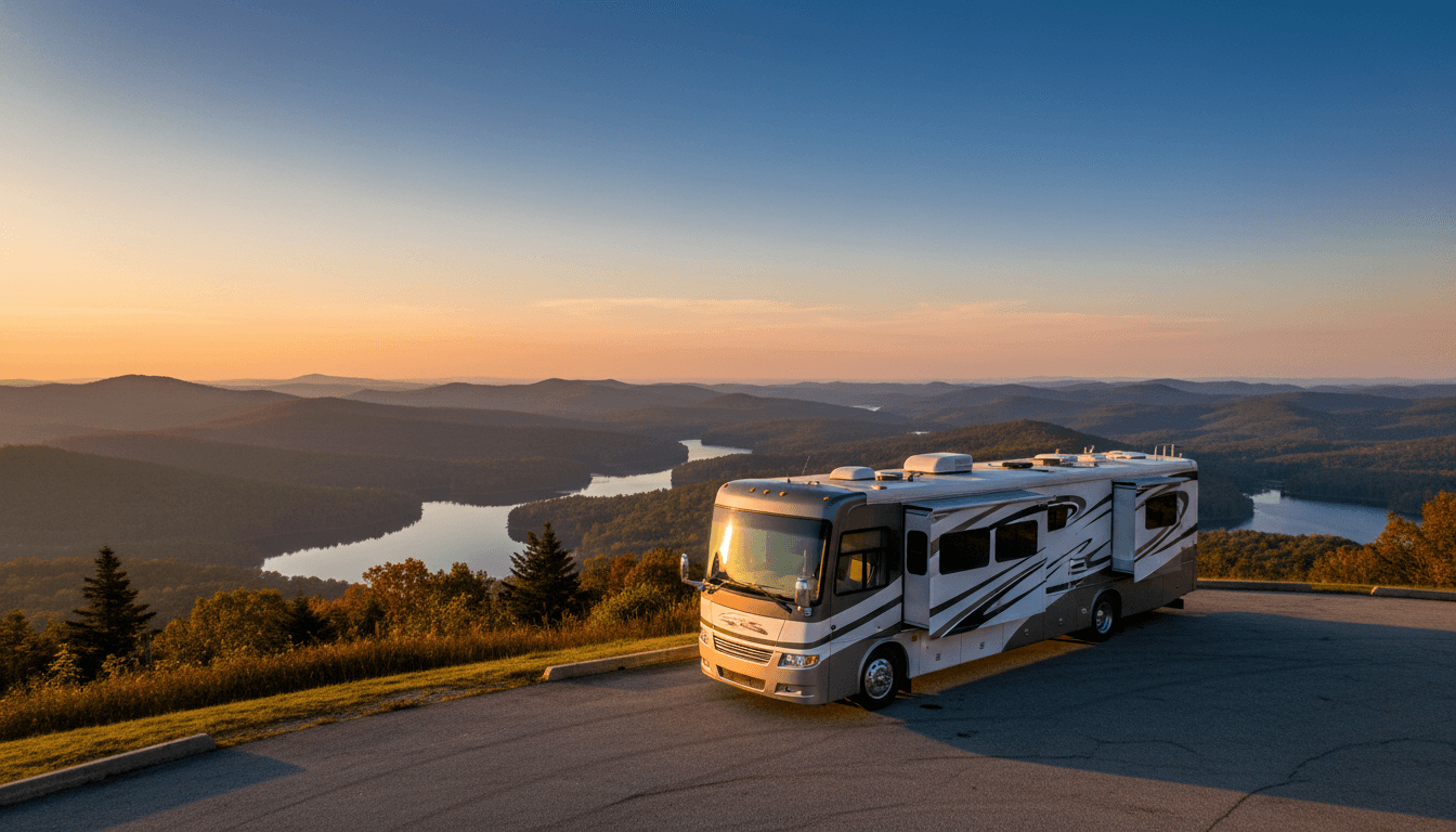 A motorhome at a scenic overlook near Townsend, Tennessee with Smoky Waters Campground nearby at dawn