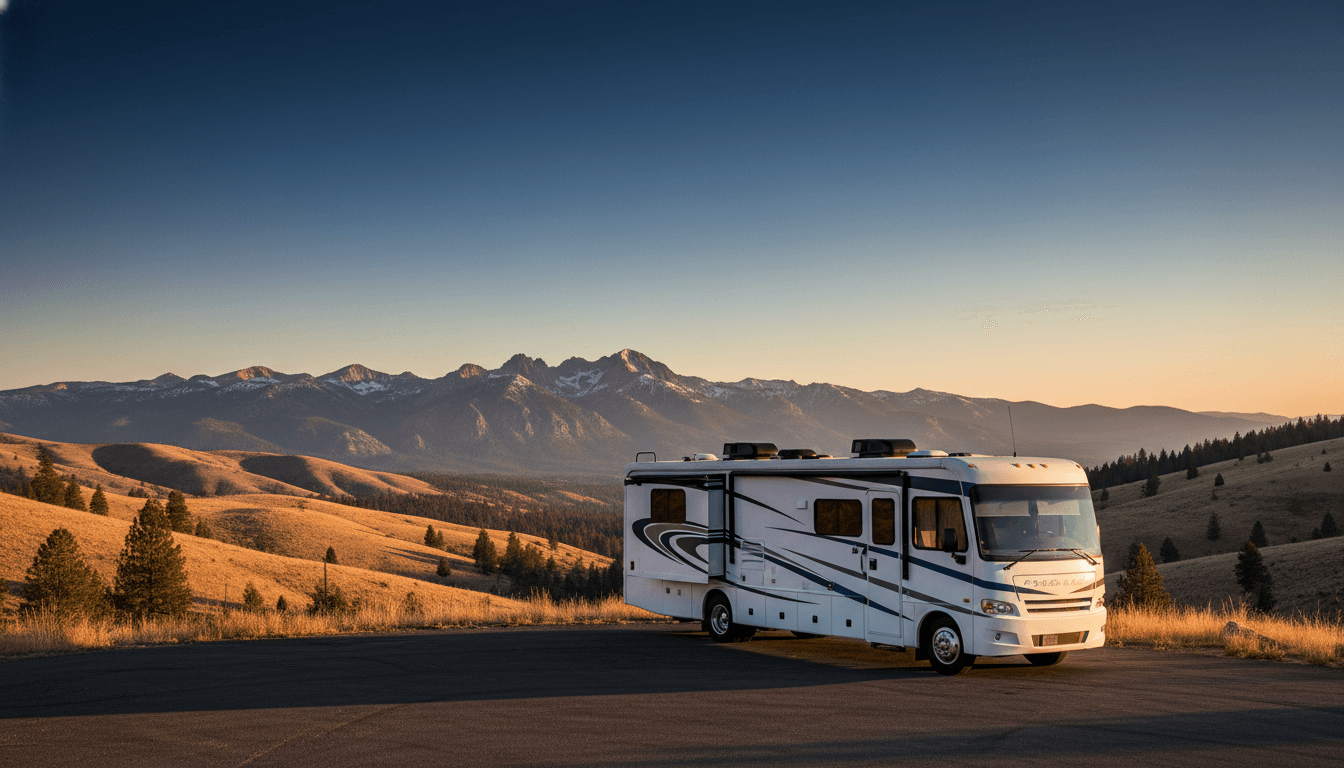 A motorhome at a scenic overlook near Truckee, California with Granite Flat Campground nearby at dawn