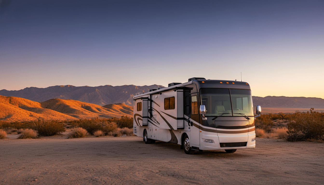A motorhome at a scenic overlook near Twentynine Palms, California with Indian Cove Campground nearby at dawn
