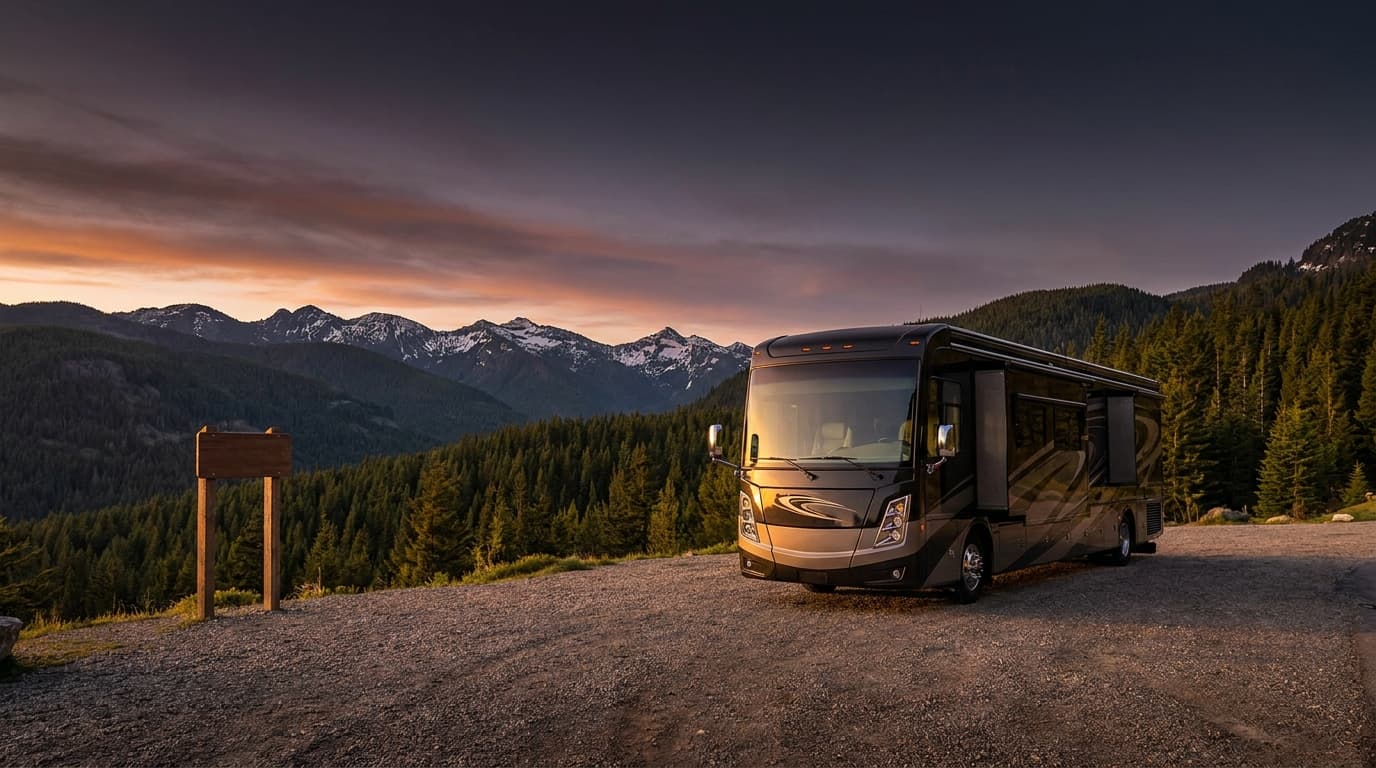 A motorhome at a scenic overlook near Vancouver, Washington with Battle Ground Lake State Park Campground nearby at dawn