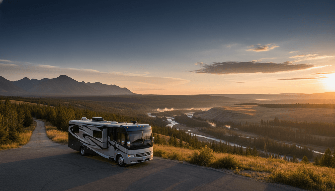 A motorhome at a scenic overlook near West Yellowstone, Montana with Baker's Hole nearby at dawn