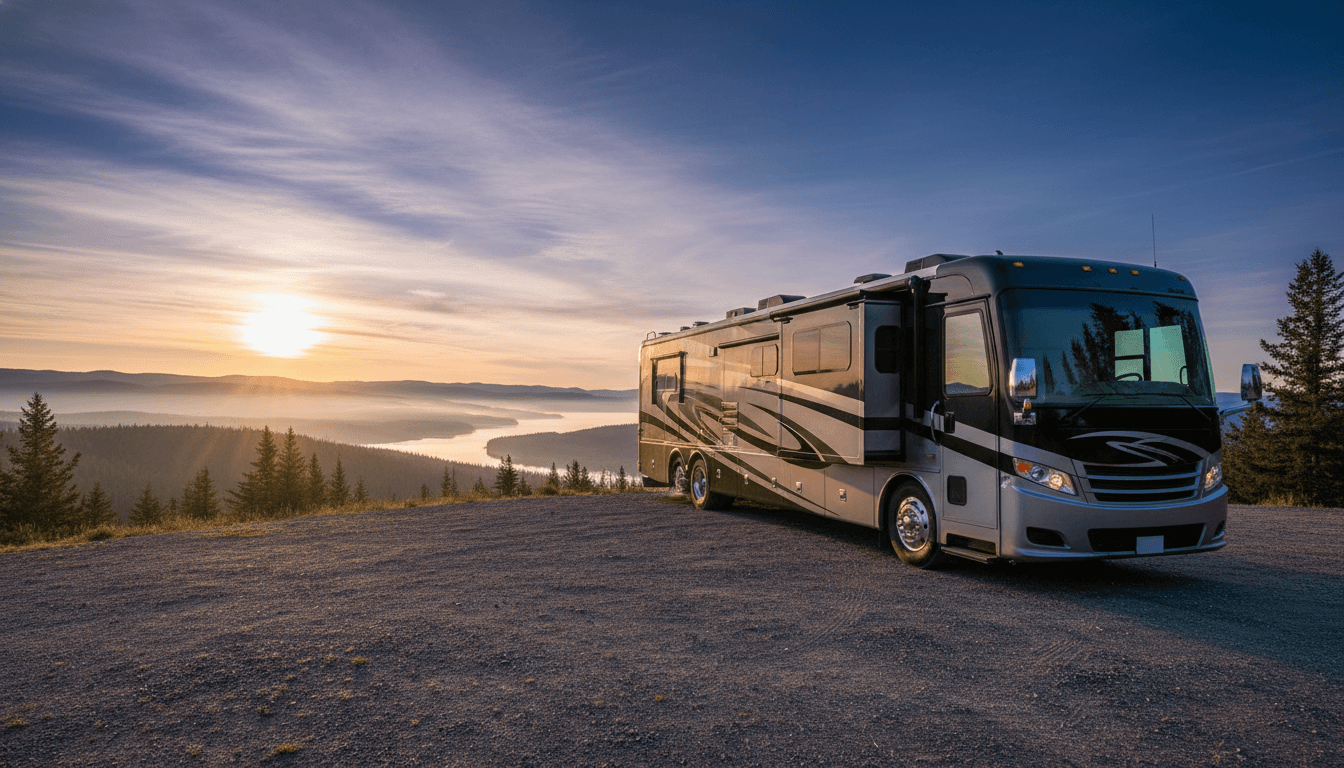 A motorhome at a scenic overlook near Whitefish, Montana with Whitefish Lake State Park Campground nearby at dawn