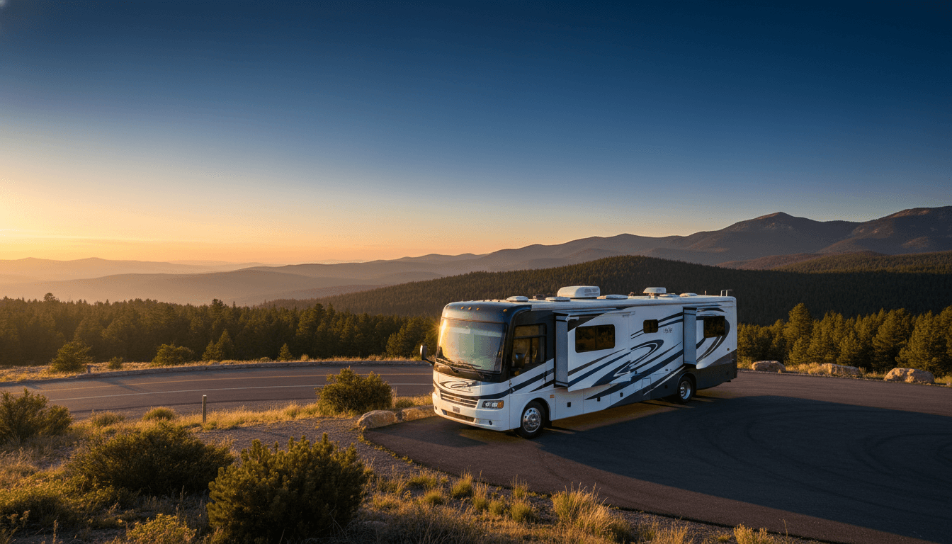 A motorhome at a scenic overlook near Woodland Park, Colorado with South Meadows Campground nearby at dawn
