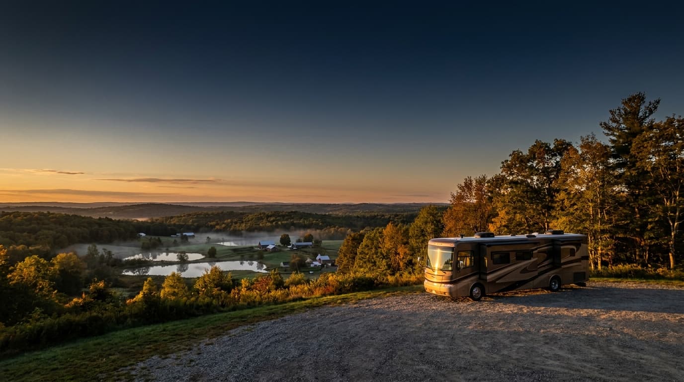 A motorhome at a scenic overlook near Worcester, Massachusetts with Sibley Farm Tent Pitches nearby at dawn