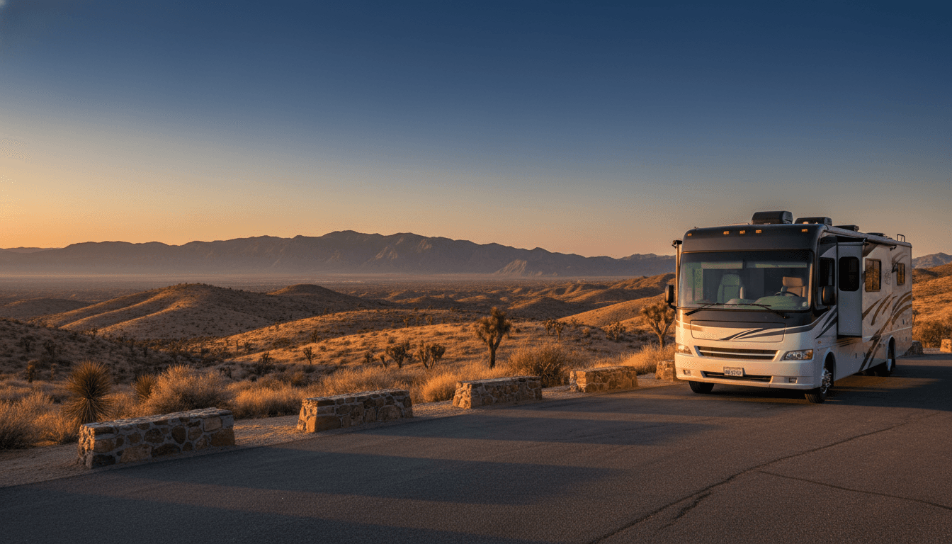 A motorhome at a scenic overlook near Yucca Valley, California with Black Rock Campground nearby at dawn