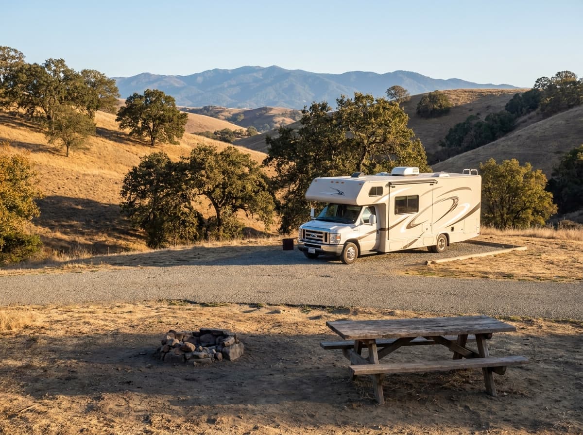 A Class C RV at a campground near Salinas, California in the dry golden hills and distant mountains of California