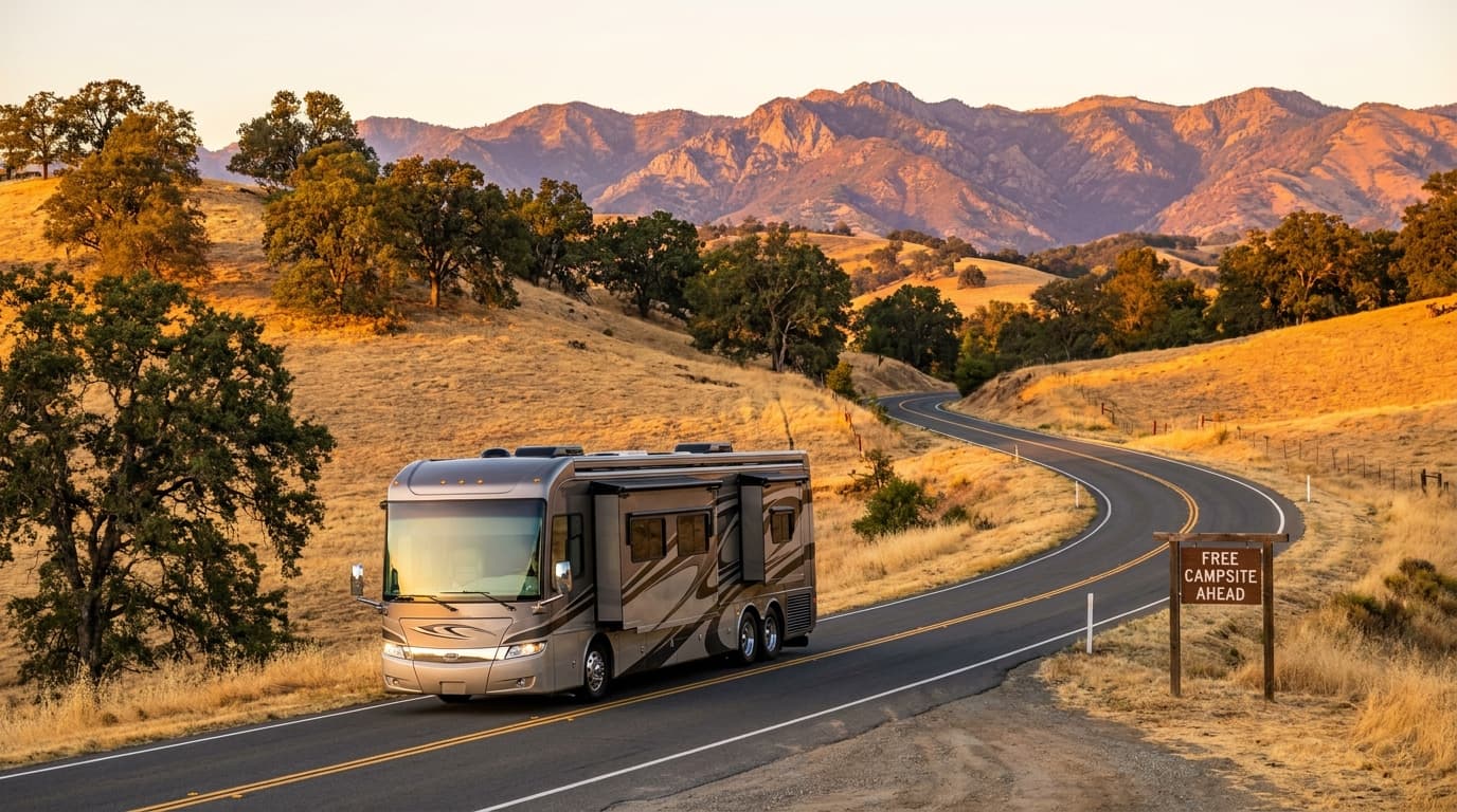 A motorhome traveling through the dry golden hills and distant mountains of California near Salinas, California in peak season
