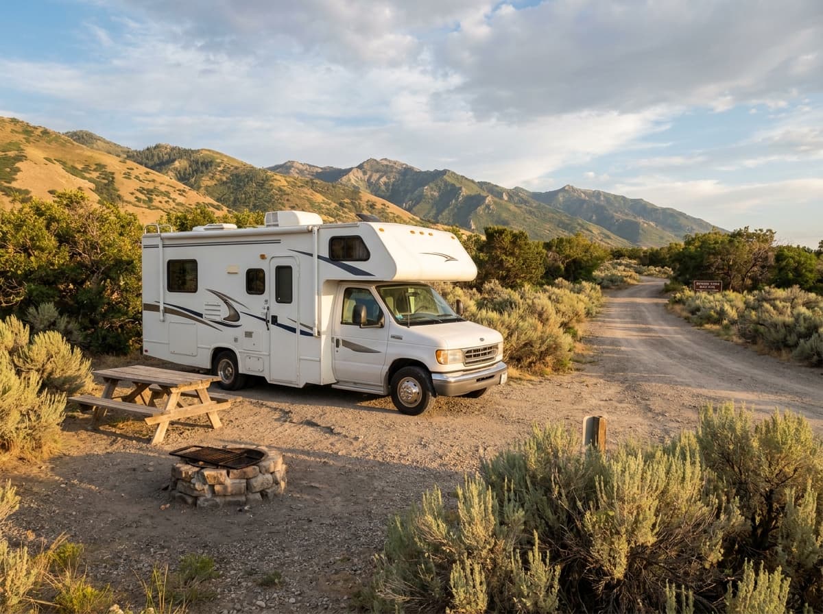 A Class C RV at a campground near Salt Lake City, Utah in the Wasatch Mountains and high desert of Utah