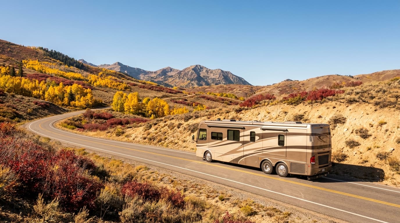 A motorhome traveling through the Wasatch Mountains and high desert of Utah near Salt Lake City, Utah in peak season