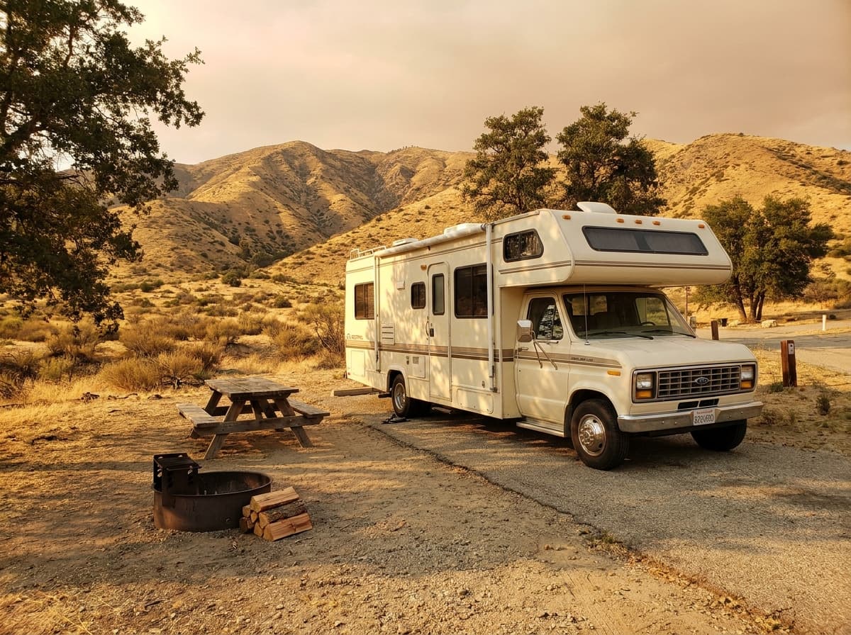 A Class C RV at a campground near San Bernardino, California in the dry golden hills and distant mountains of California