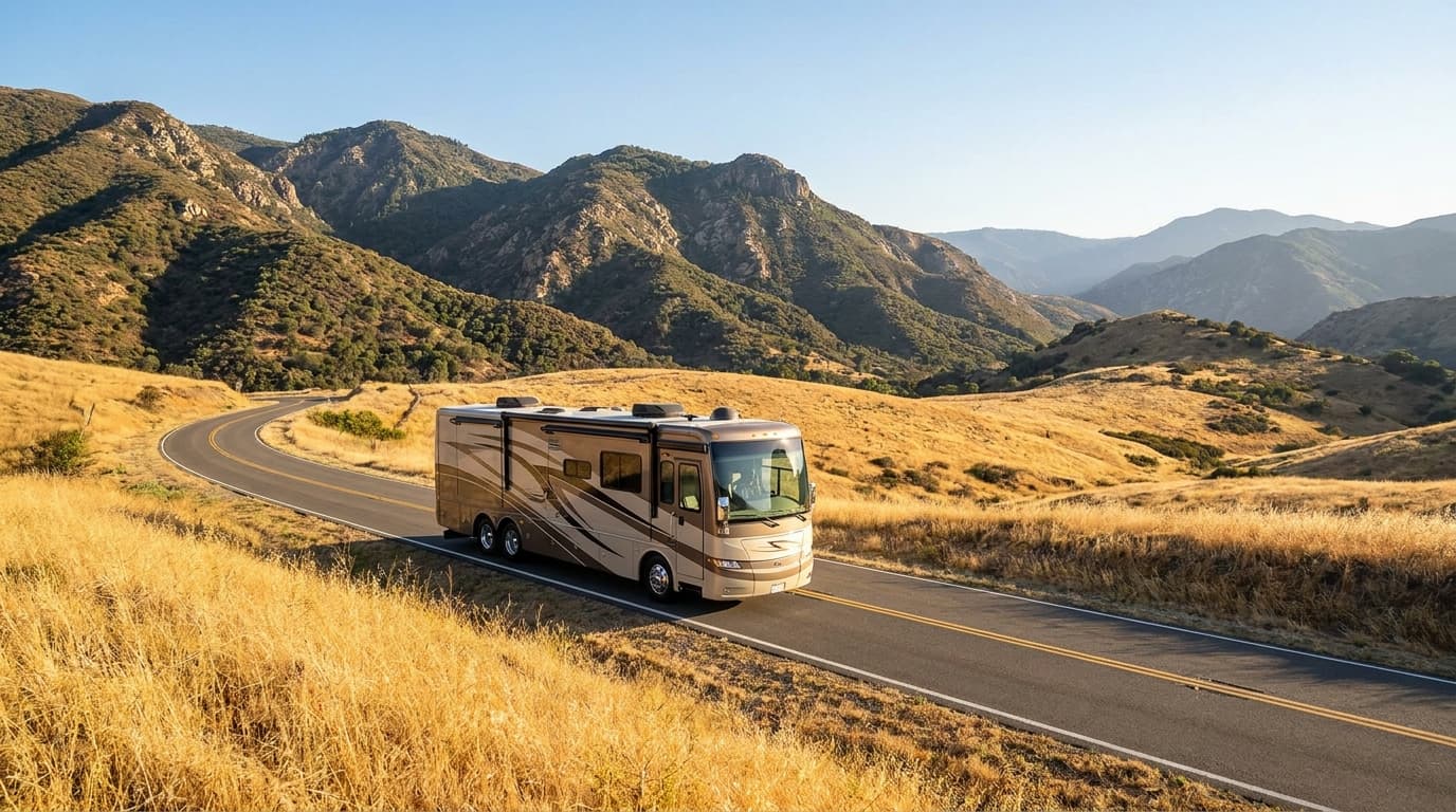 A motorhome traveling through the dry golden hills and distant mountains of California near San Bernardino, California in peak season