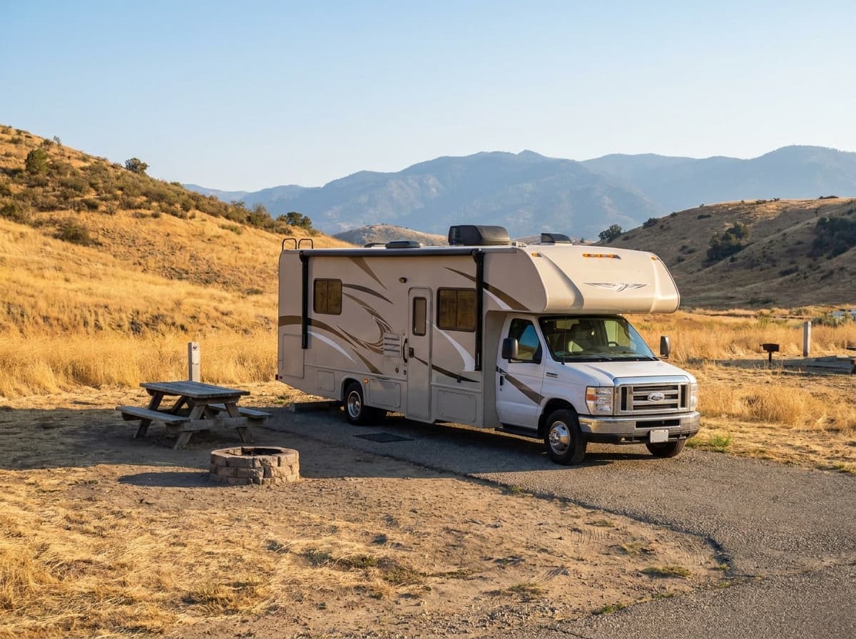 A Class C RV at a campground near Santa Ana, California in the dry golden hills and distant mountains of California